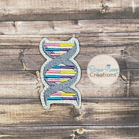 DNA Strand Retractable Badge Reel Embroidered on White Glitter Vinyl Fabric, DNA Badge Buddy