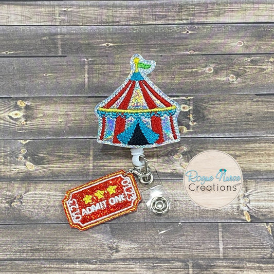 Circus Tent with Red Dangle Admit One Ticket, Retractable Badge Reel, Silver Glitter,  ID Badge Holder