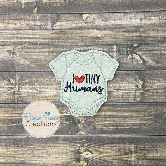 White Glitter “I love tiny humans” Infant Onsie Embroidered Retractable Badge Reel, Labor and Delivery Nurse Badge, Nurse Gift