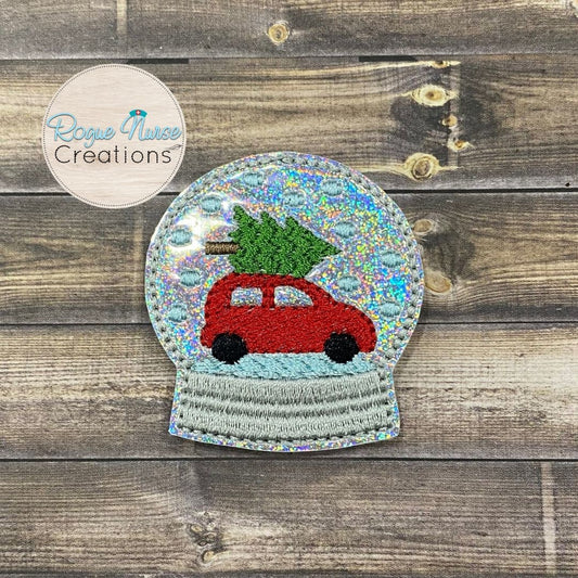 Red Car Hauling a Holiday Tree in a Silver Holographic Glitter Snow-globe Retractable Badge Reel, Christmas Retractable Badge Reel