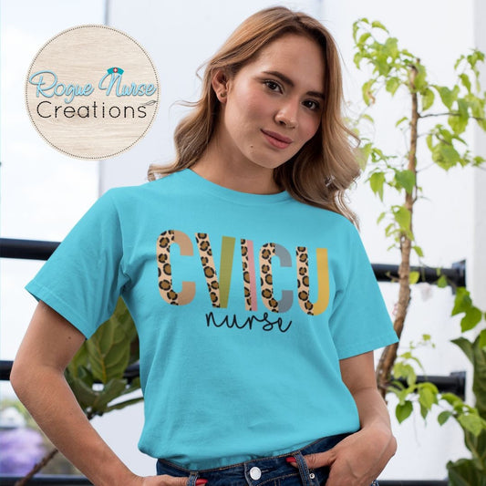 CV ICU Nurse Graphic T-Shirt with Multi Color Leopard Letters,  Nurse Gift, Preceptor Gift, Funny Nurse Graphic T-Shirt, Cardiac Nurse