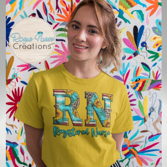 RN Registered Nurse Graphic T-Shirt with Leopard, Turquoise and Bright Sunflower Designs. Nurse Gift, Nurse Graphic T-Shirt