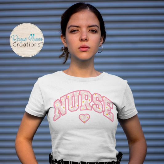 Nurse Graphic T-Shirt with a Distressed Pink floral Pattern. T-Shirt for Nurses, Nurse gift, Nurse Graphic T-Shirt