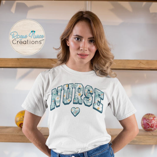 Nurse Graphic T-Shirt with a blue floral pattern, T-Shirt for Nurses, Nurse gift